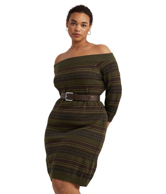 Plus Size Fair Isle Off-the-Shoulder Sweaterdress