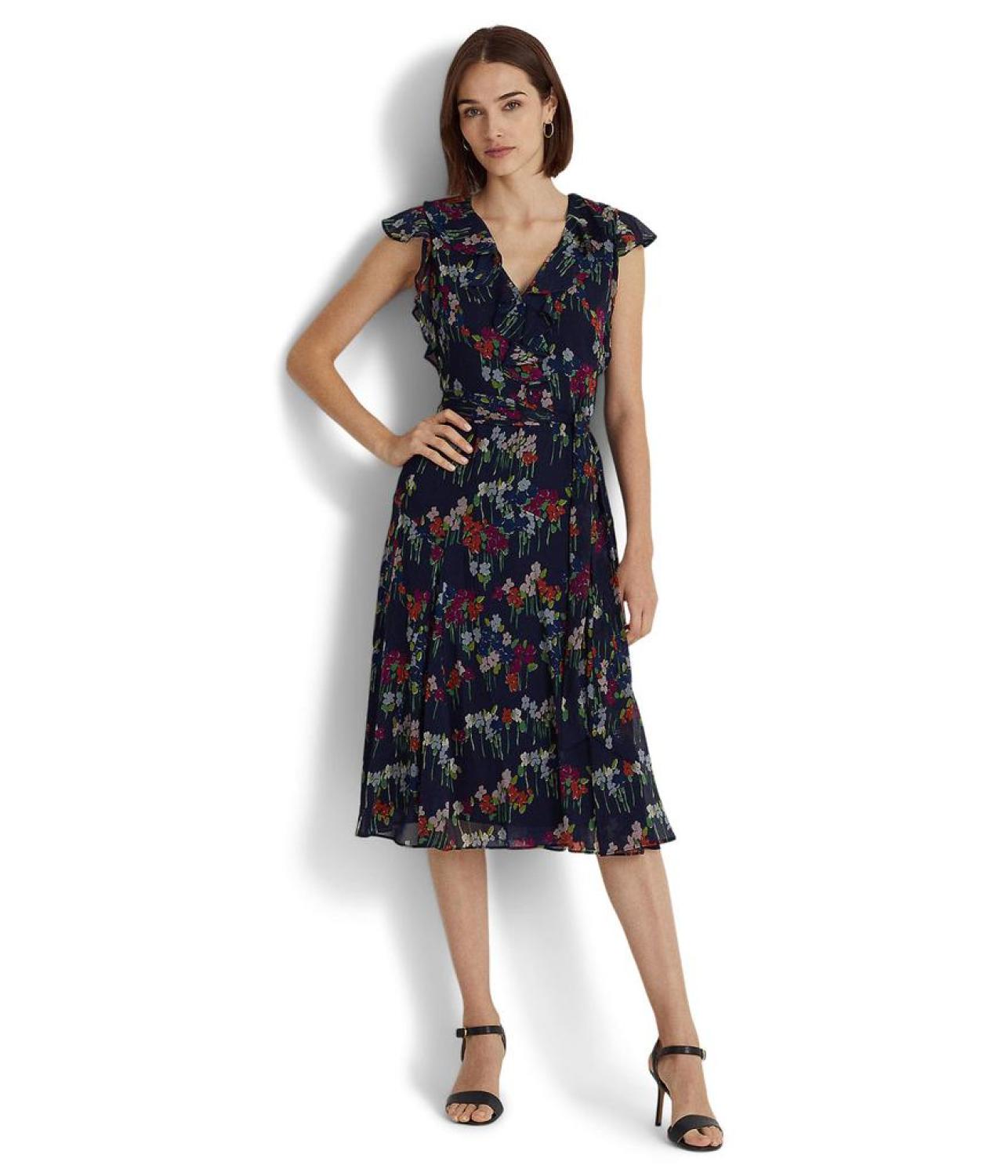 Floral Belted Crinkle Georgette Dress