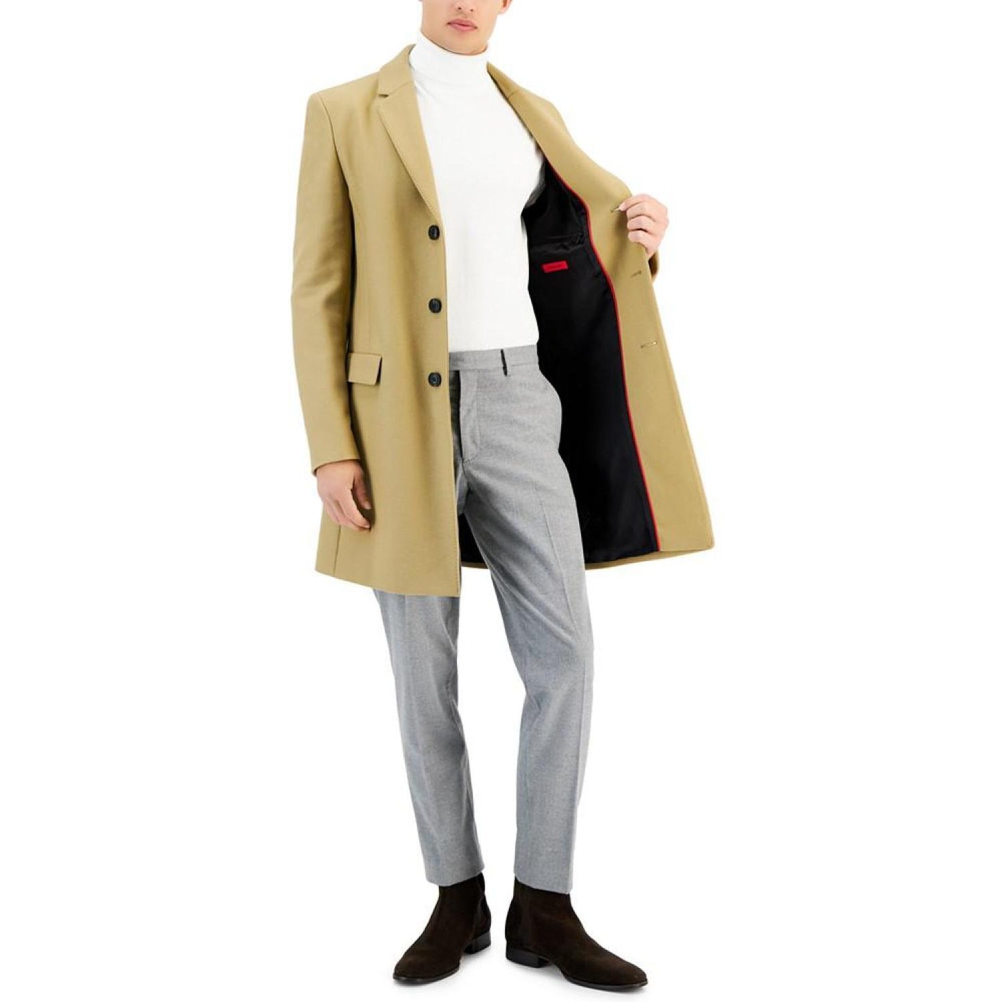 Men's Slim-Fit Migor Beige Overcoat