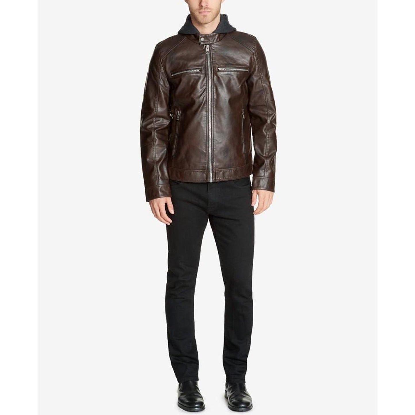 Men's Faux-Leather Detachable-Hood Motorcycle Jacket