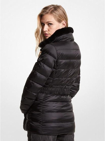 Faux Fur Trim Quilted Nylon Belted Puffer Coat