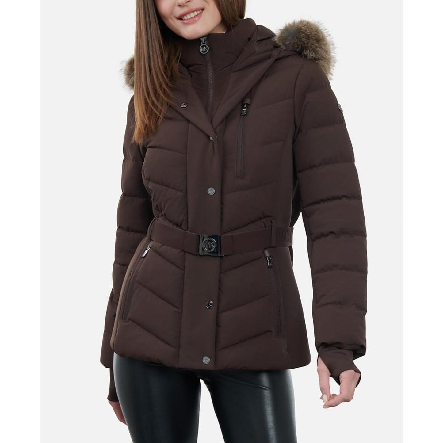 Women's Belted Faux-Fur-Trim Hooded Puffer Coat