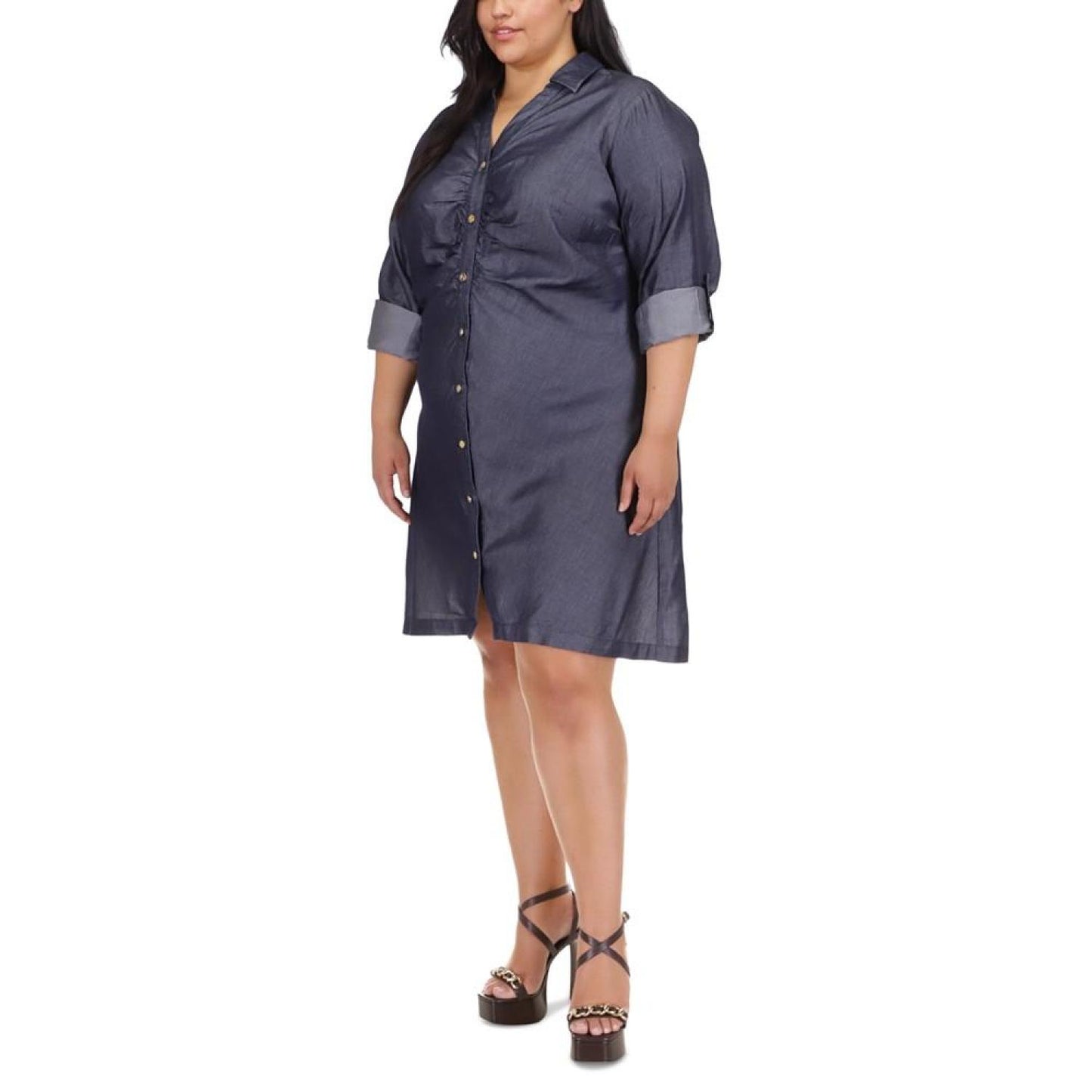 Plus Size Gathered-Front Collared Shirtdress