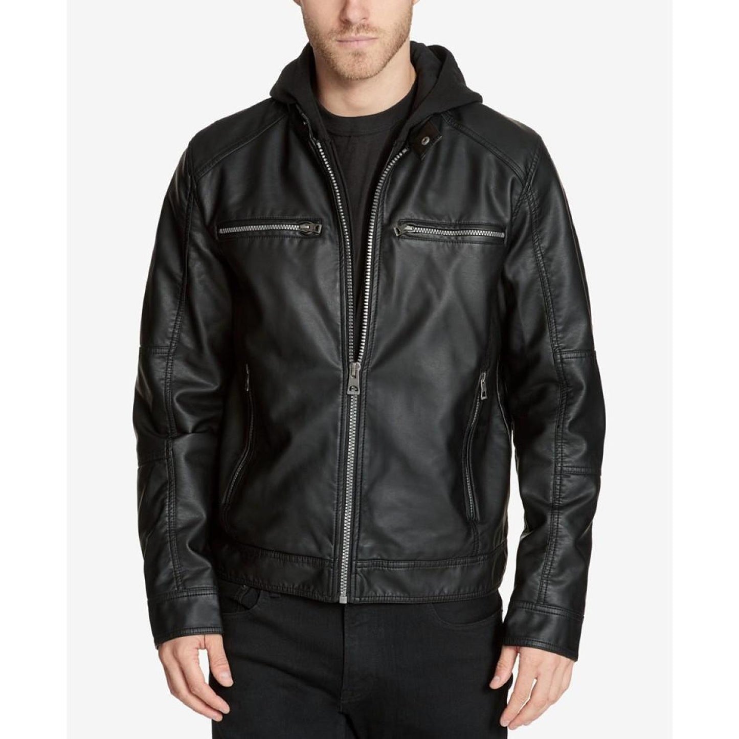 Men's Faux-Leather Detachable-Hood Motorcycle Jacket