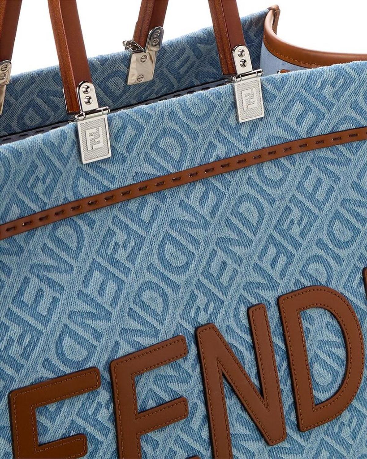 FENDI Sunshine Medium Denim & Leather Tote