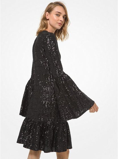 Sequined Tulle Bell-Sleeve Flared Dress