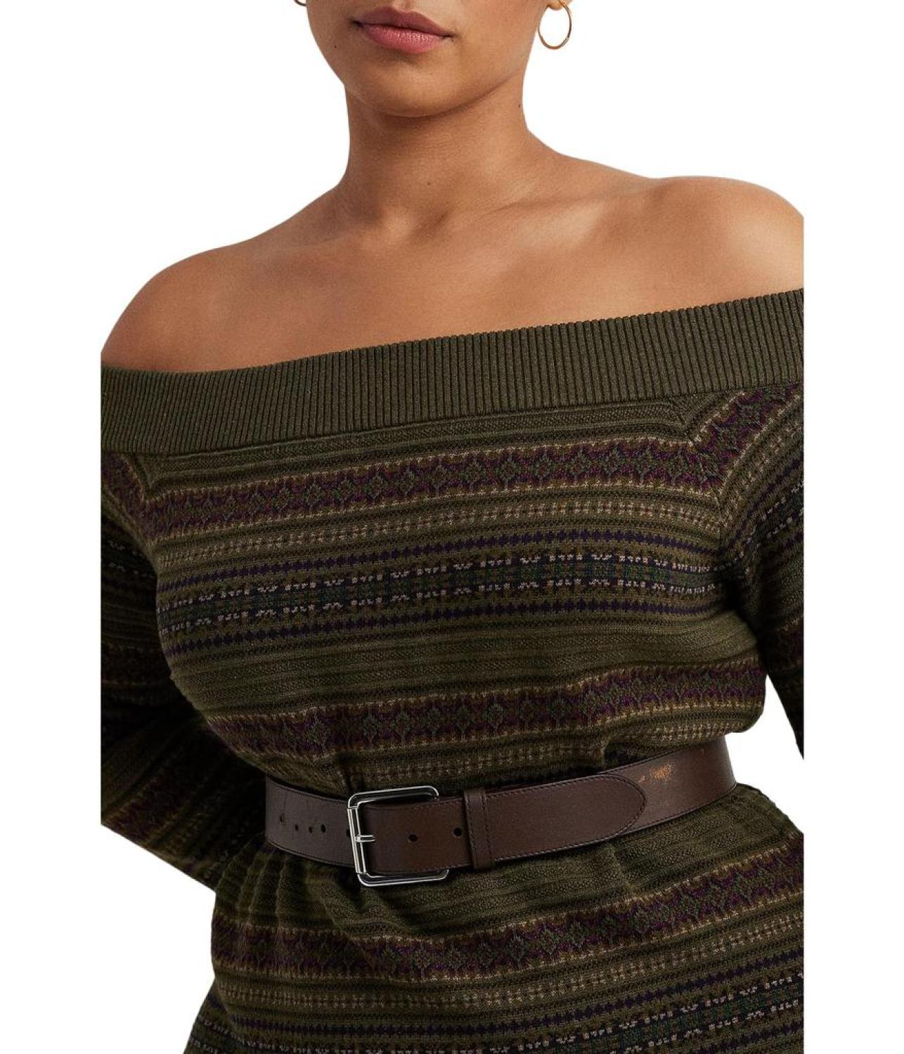 Plus Size Fair Isle Off-the-Shoulder Sweaterdress