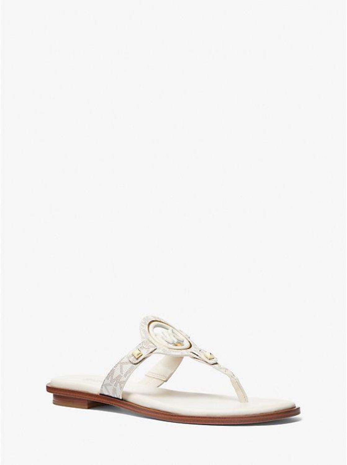 Aubrey Cutout Signature Logo and Leather T-Strap Sandal