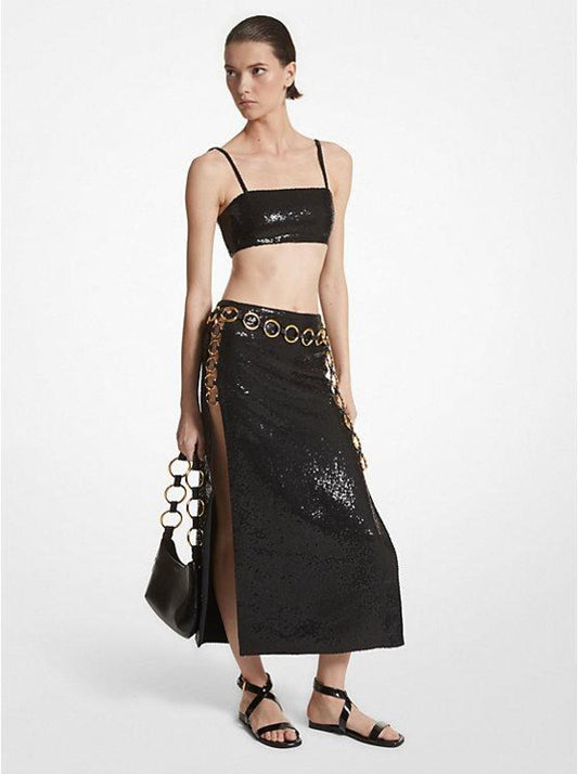 Hand-Embroidered Sequin Double Crepe Sablé Ring Slit Skirt