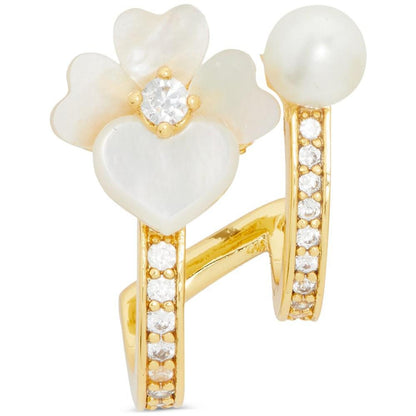 Gold-Tone Small Pavé & Mother-of-Pearl Pansy Double-Row Huggie Hoop Earrings, 0.66"