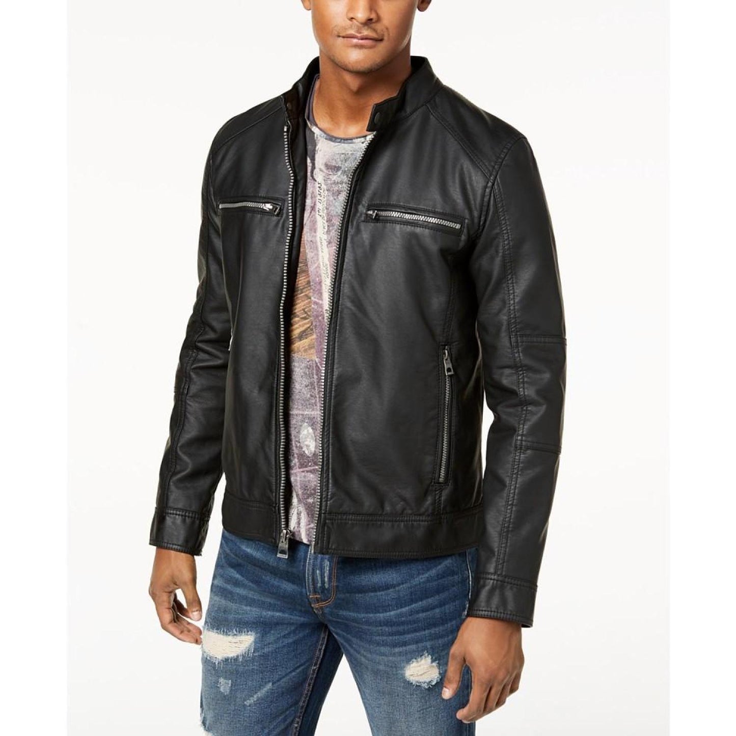 Men's Faux-Leather Detachable-Hood Motorcycle Jacket