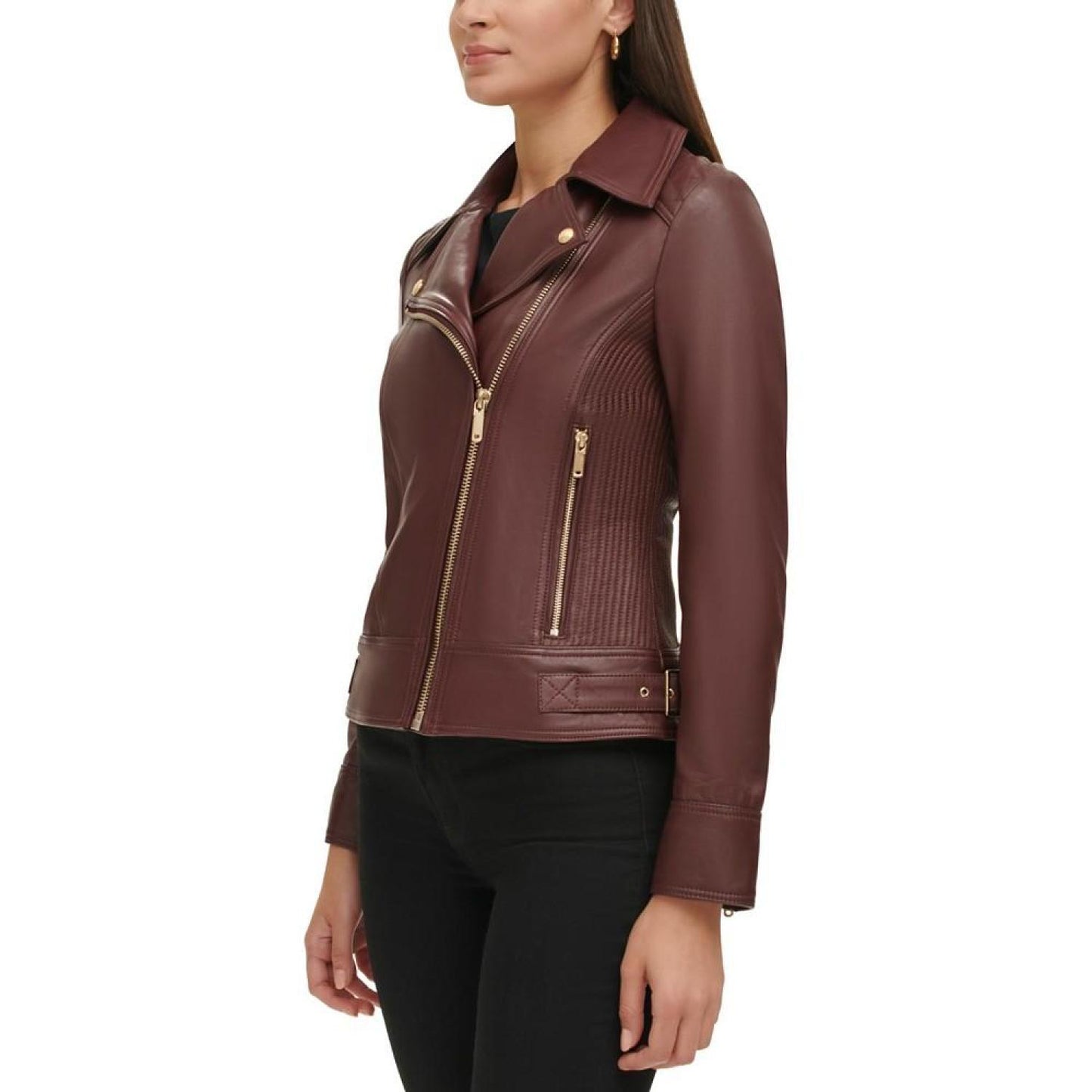 Women's Petite Quilted-Sleeve Leather Moto Coat, Created for Macy's