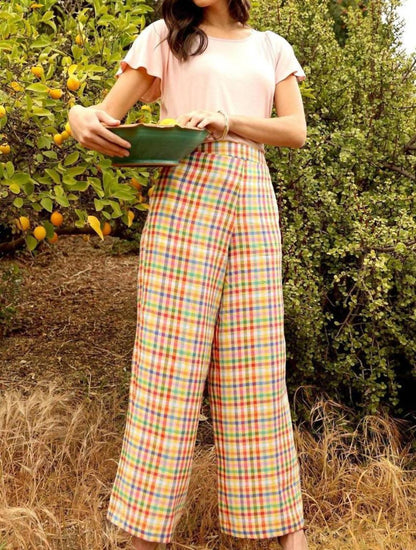 Linen Plaid Pants In Multi