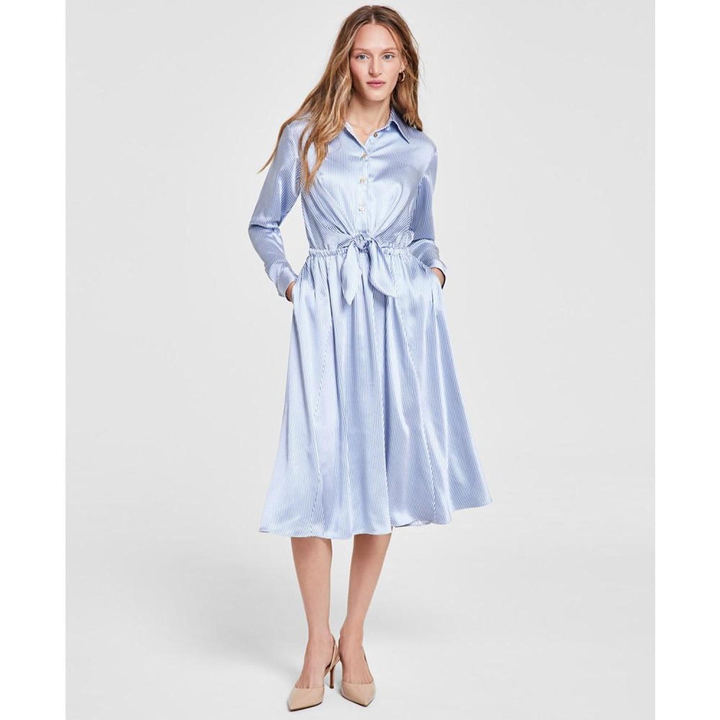 Petite Pinstriped Tie-Front Shirtdress