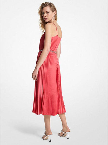 Pleated Satin Belted Slip Dress