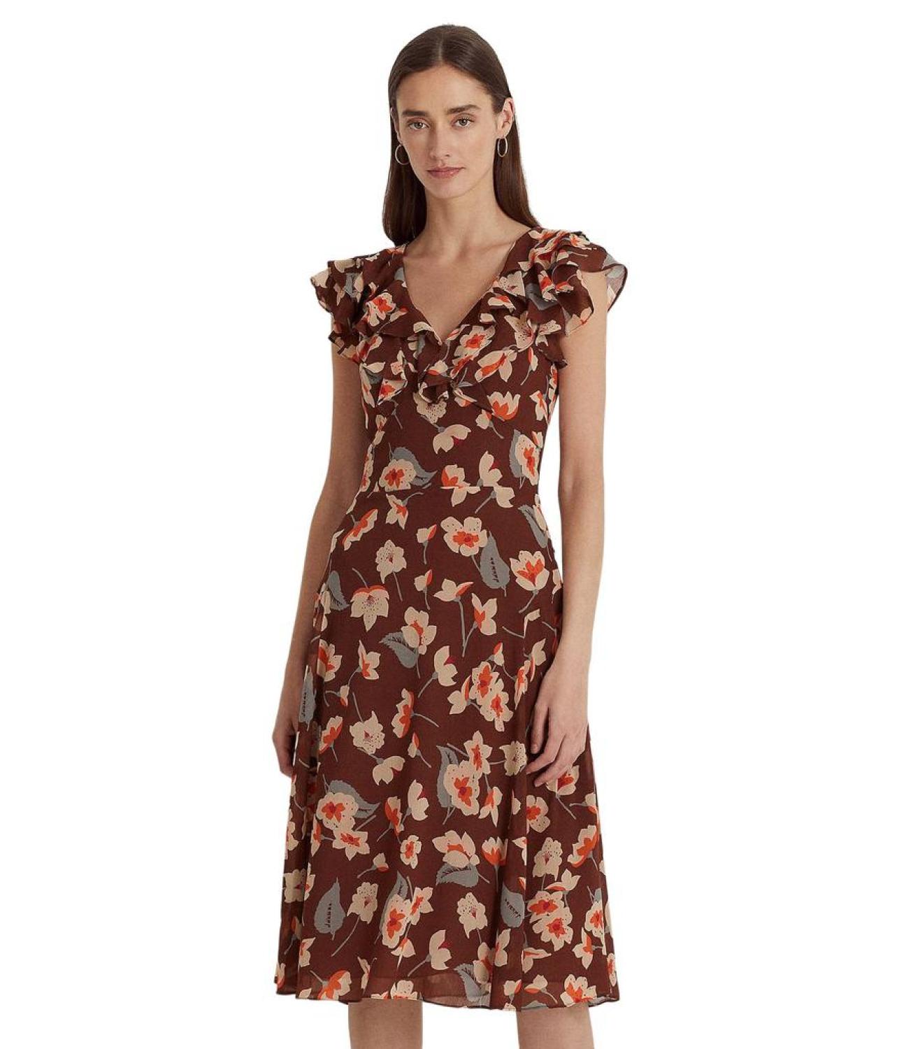 Floral Ruffle-Trim Georgette Dress