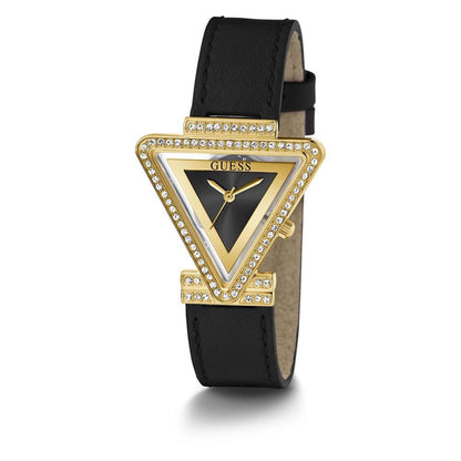 Women's Gold-Tone Glitz Black Genuine Leather Strap Watch, 34mm