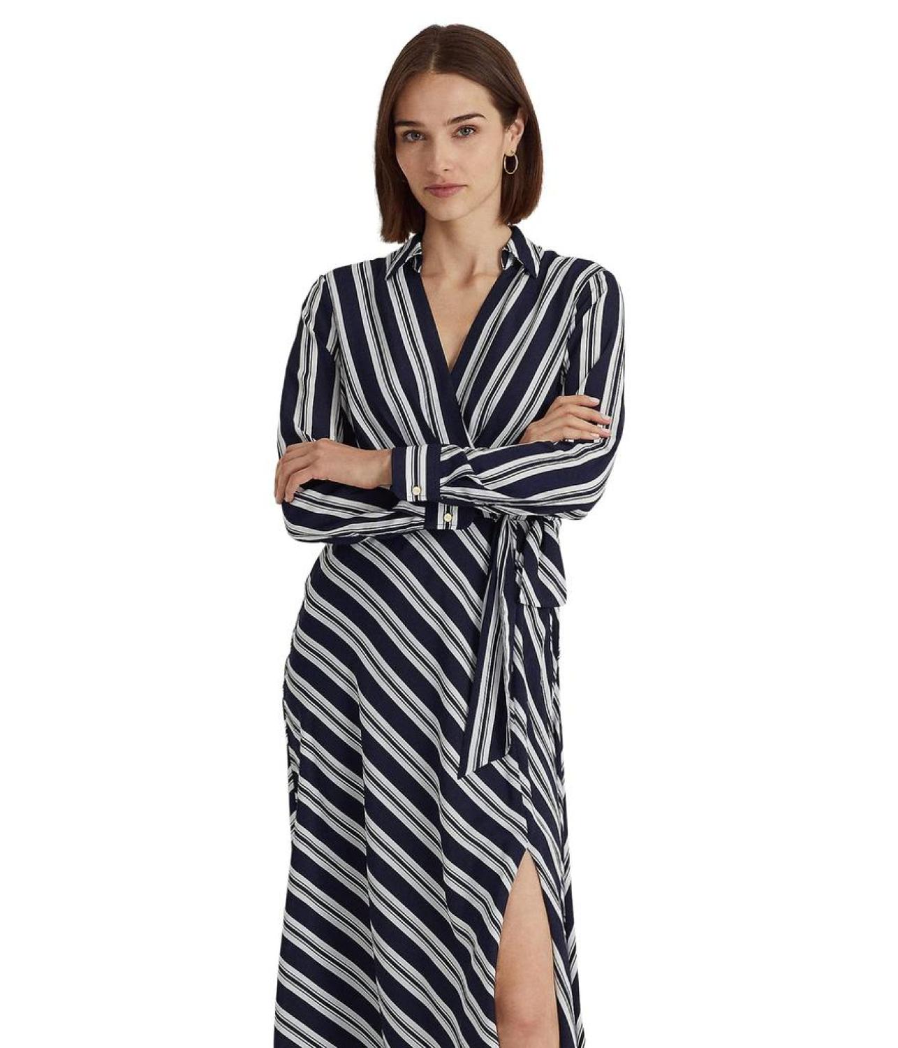 Petite Striped Tie Front Crepe Midi Dress