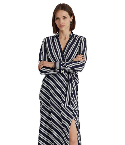 Petite Striped Tie Front Crepe Midi Dress