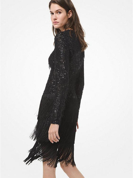 Sequin Embroidered Stretch Tulle Fringed Dress