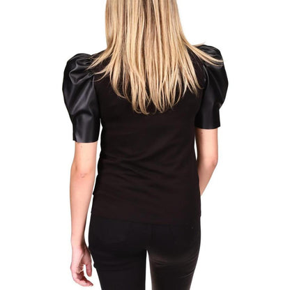 Petites Womens Faux Leather Puff Sleeves T-Shirt