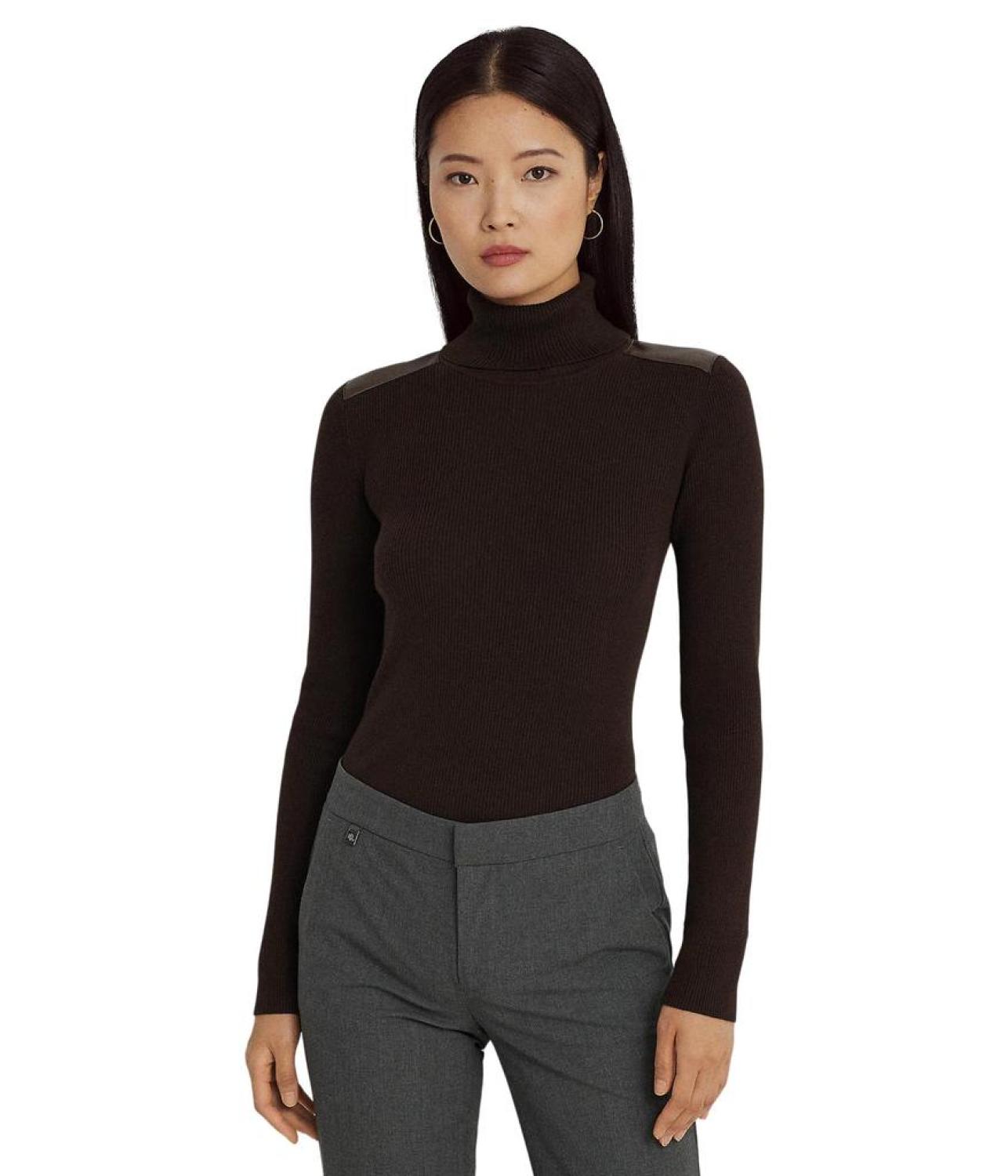 Faux Leather-Trim Ribbed Turtleneck