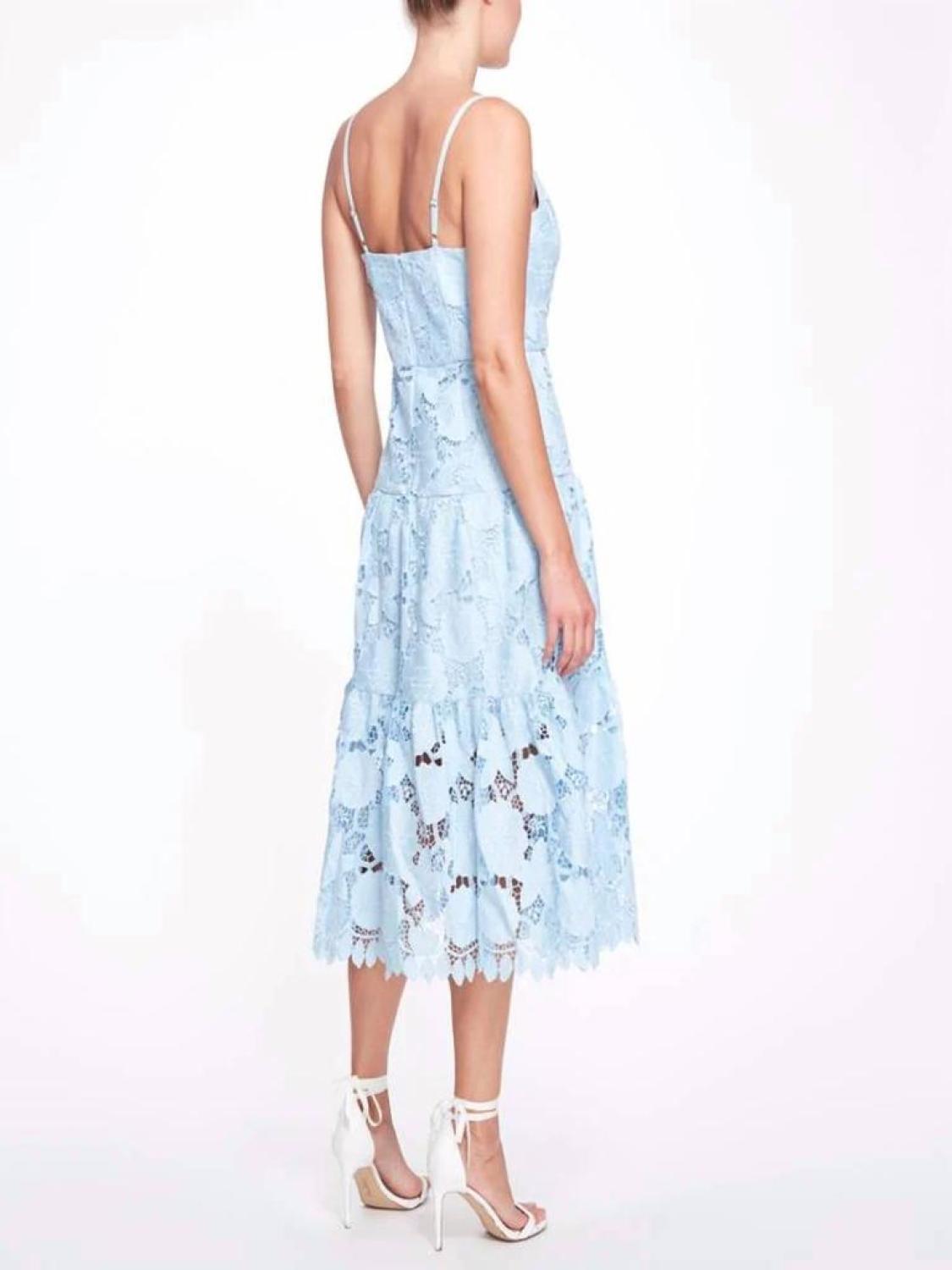 3D Floral Eyelet Midi Dress In Dusty Blue