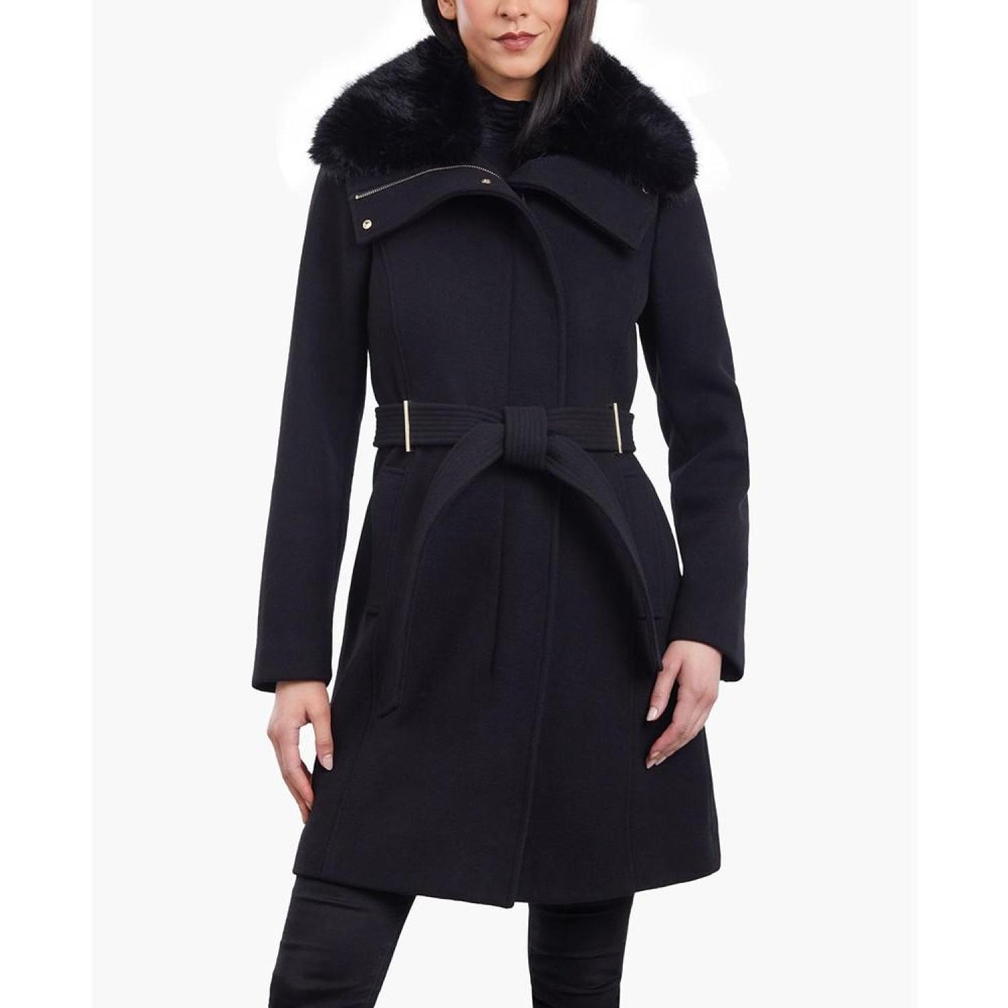 Women's Petite Belted Faux-Fur-Collar Coat