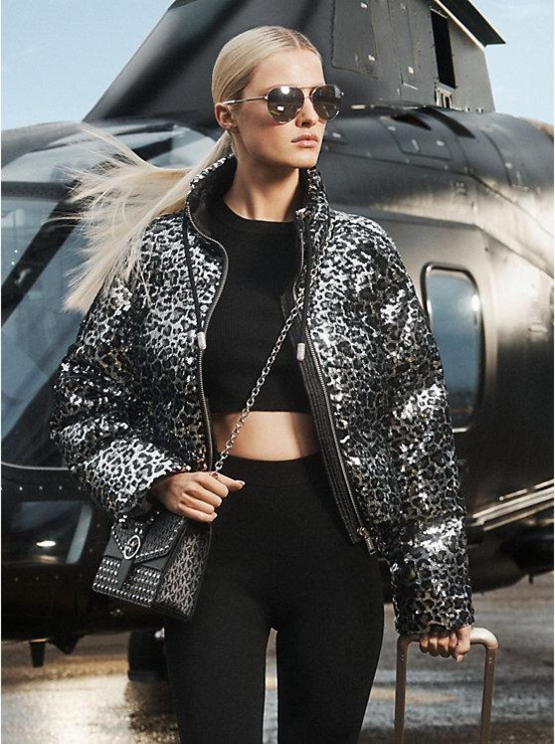 Leopard Sequined Cropped Puffer Jacket