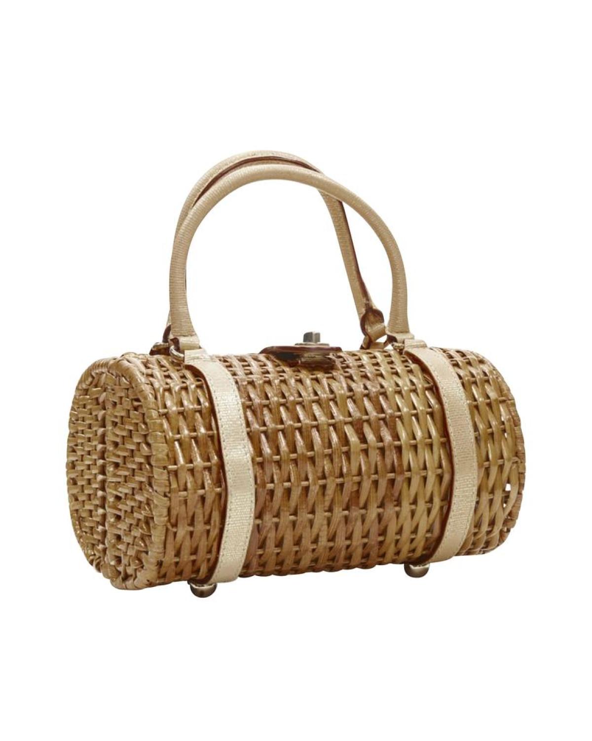 KATE SPADE brown bamboo rattan wicker metallic leather handle log bag