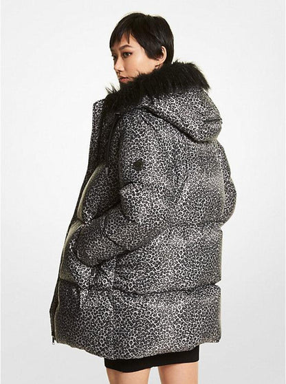 Oversized Leopard Print Ciré Puffer Coat