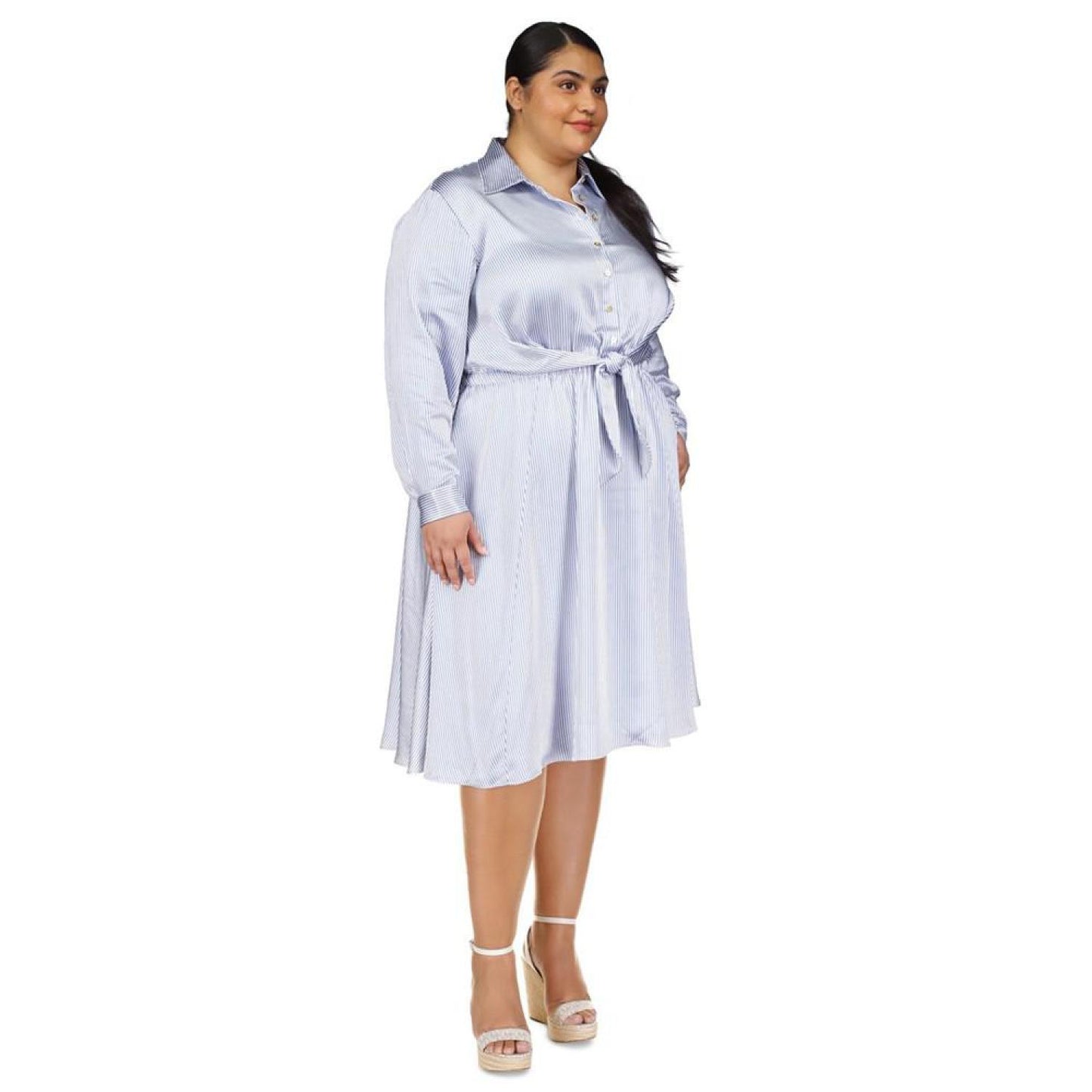 Trendy Plus Size Pinstriped Satin Shirtdress