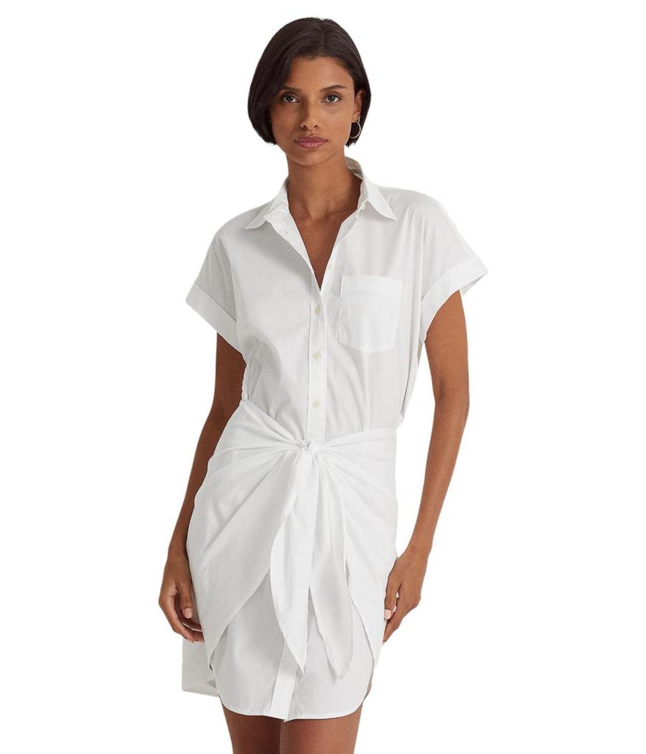 Tie Front Stretch-Cotton Blend Shirtdress