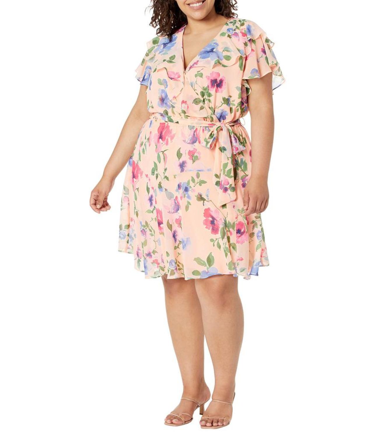 Plus Size Floral Belted Crinkle Georgette Dress