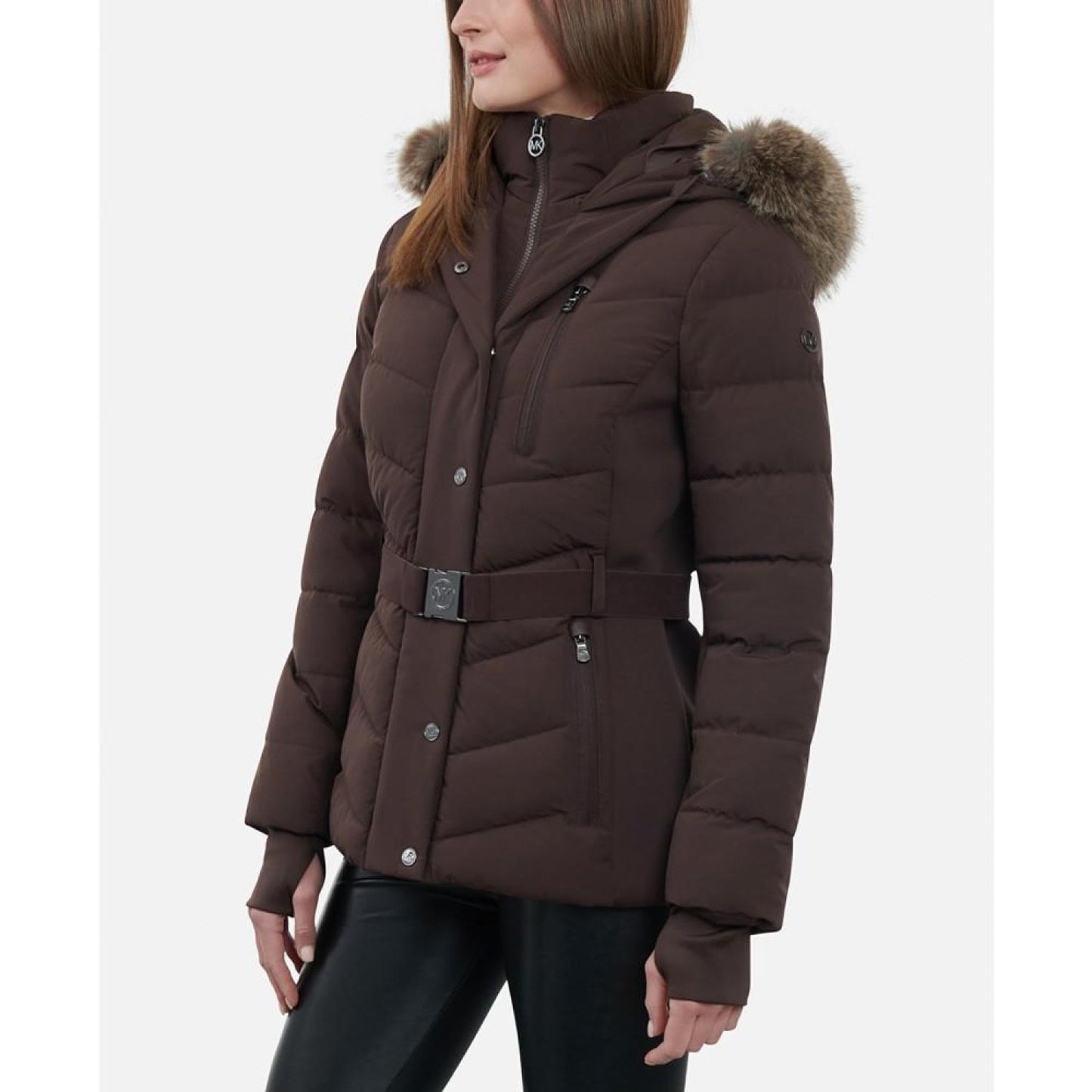 Women's Belted Faux-Fur-Trim Hooded Puffer Coat