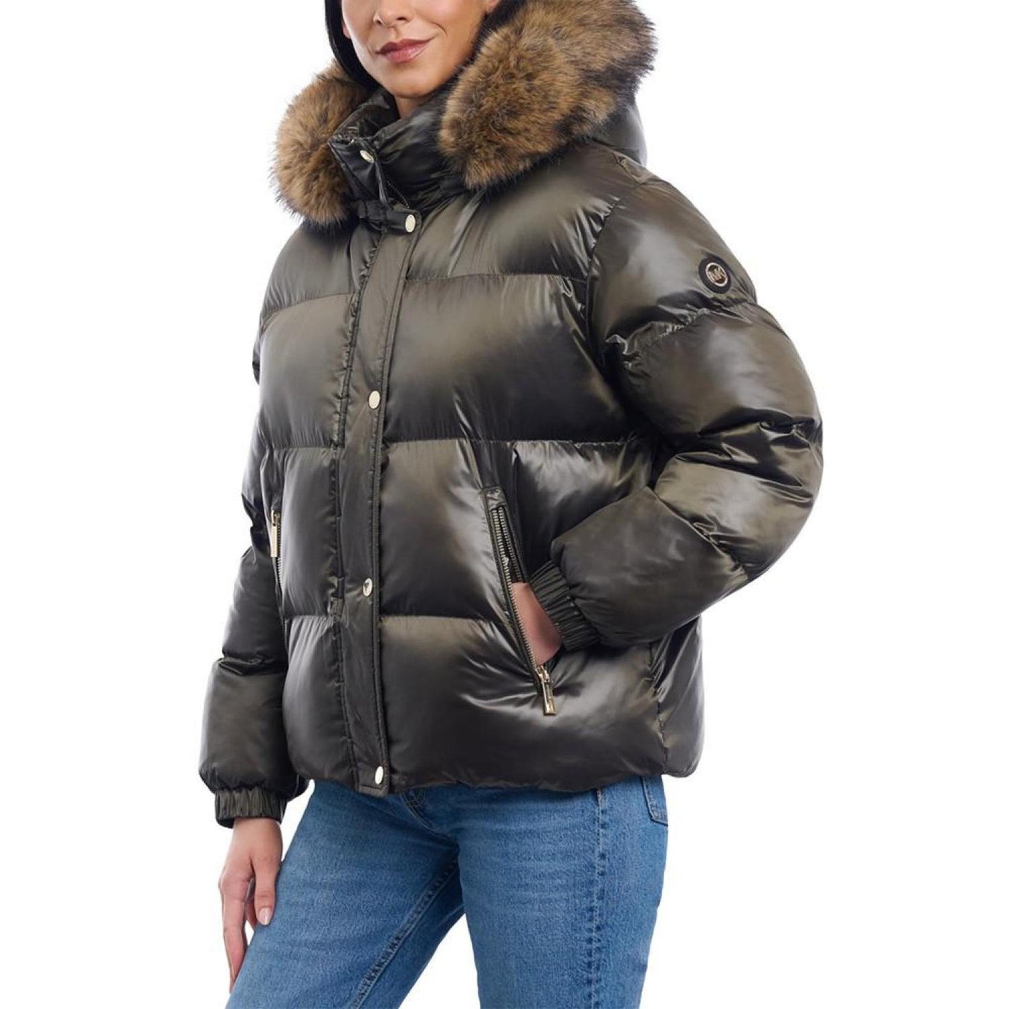 Women's Faux-Fur-Trim Hooded Bomber Puffer Coat