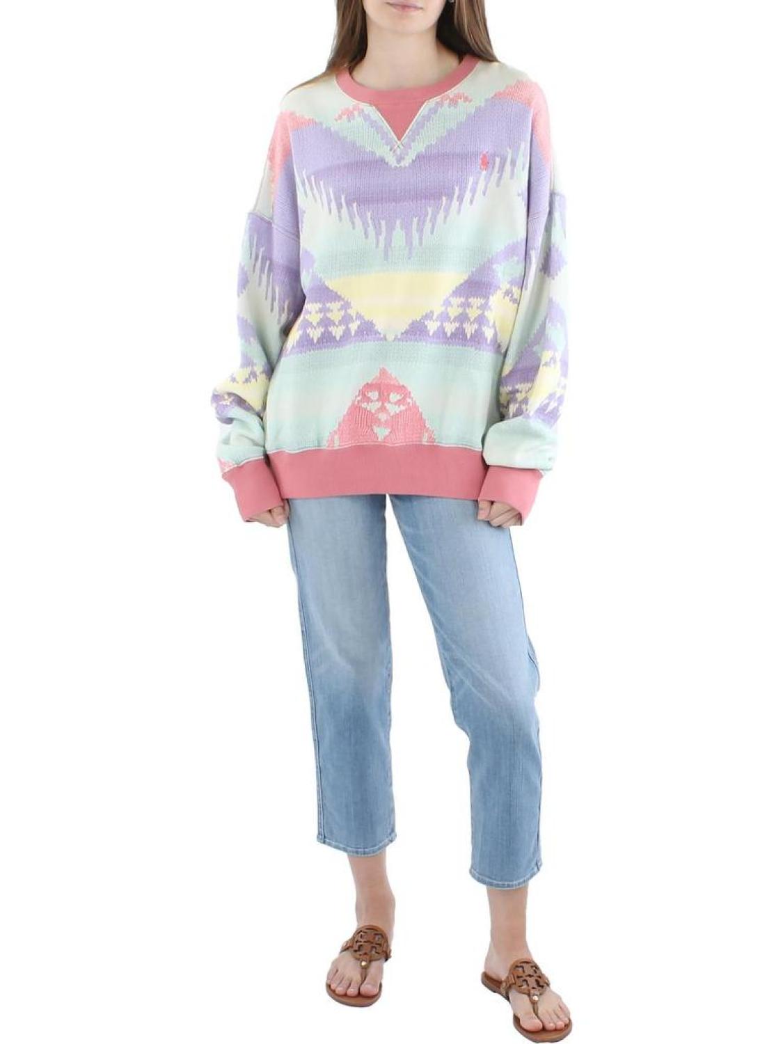 Womens Printed Fleece Crewneck Sweater