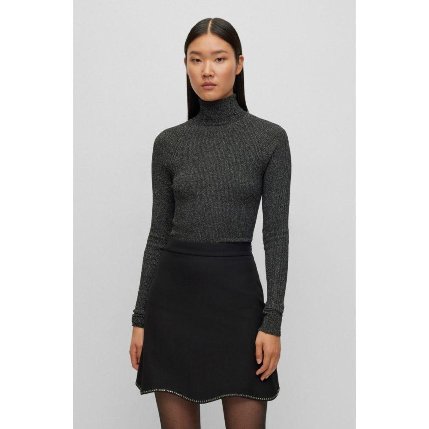 Ribbed sweater in metalized fabric with mock neckline