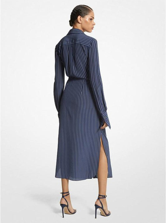 Striped Organic Silk Crepe De Chine Tie-Front Shirtdress