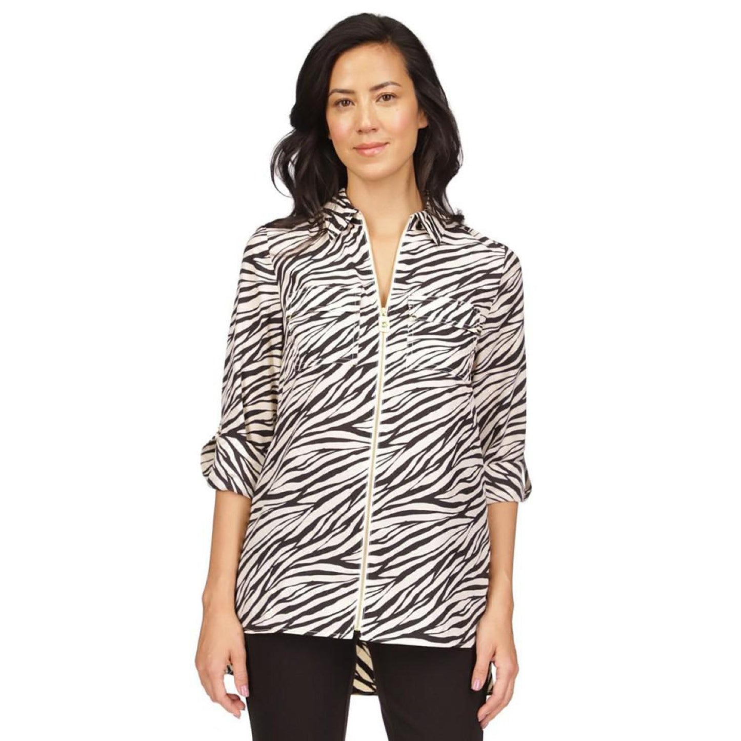 Women's Animal-Print Zip-Front Roll-Tab-Sleeve Top, Regular & Petite