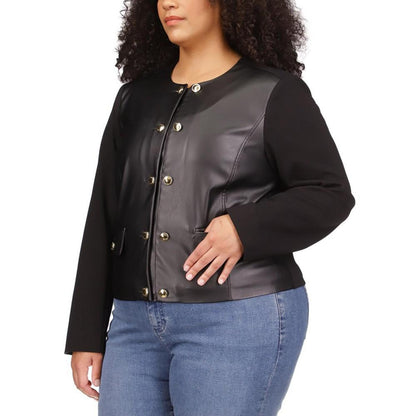 Plus Size Faux Leather Button Jacket