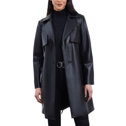 Women's Belted Faux-Leather Trench Coat