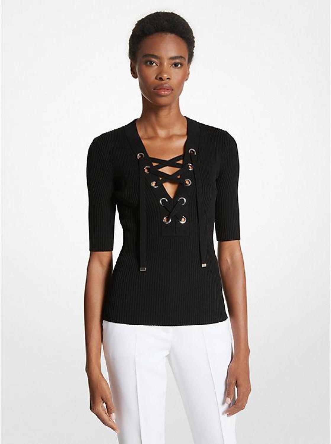 Ribbed Merino Wool Blend Lace-Up Top