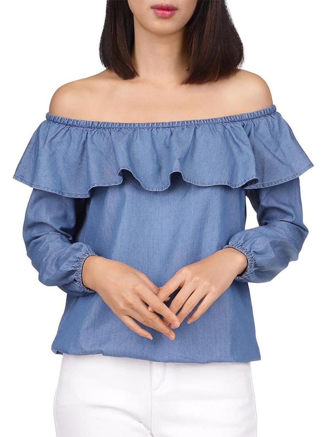 Womens Ruffled Off-The-Shoulder Pullover Top