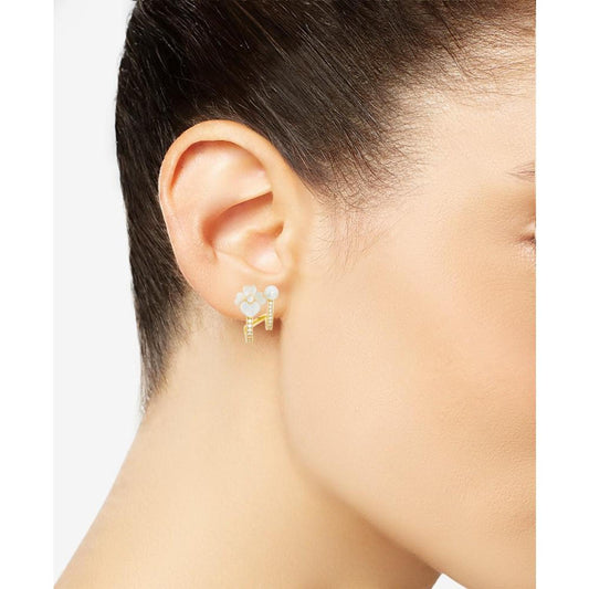 Gold-Tone Small Pavé & Mother-of-Pearl Pansy Double-Row Huggie Hoop Earrings, 0.66"