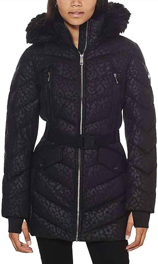 Logo Leopard Belted Hooded Down Puffer Coat In Black