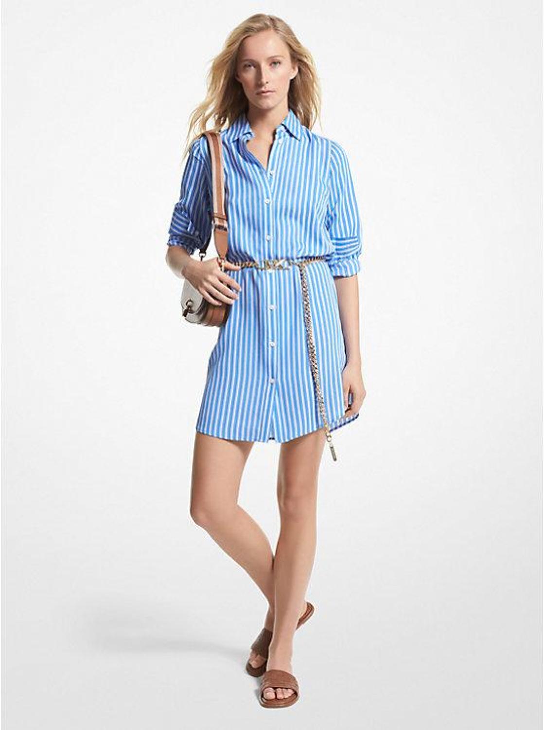 Striped Georgette Belted Shirtdress