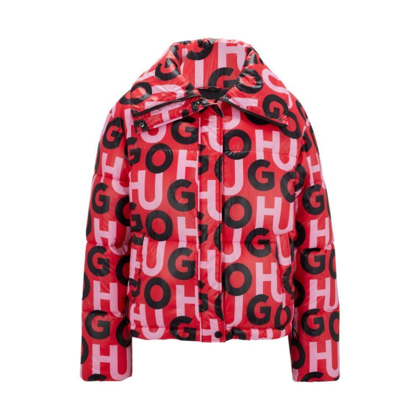 High-shine stacked-logo puffer jacket with oversize collar