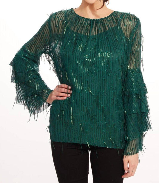 Sequin Fringe Top In Glitter Pine