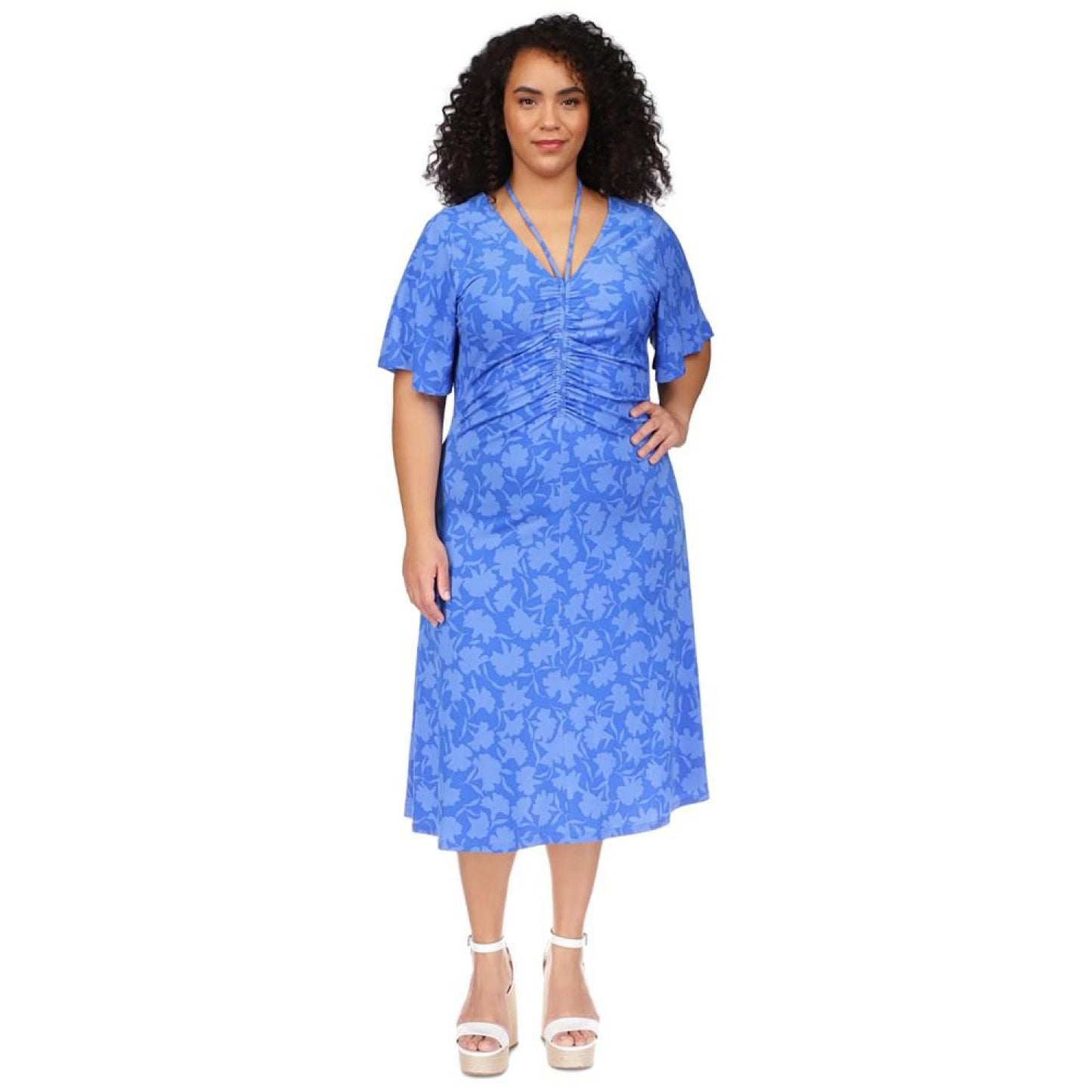 Plus Size Floral-Print Strappy V-Neck Ruched Midi Dress